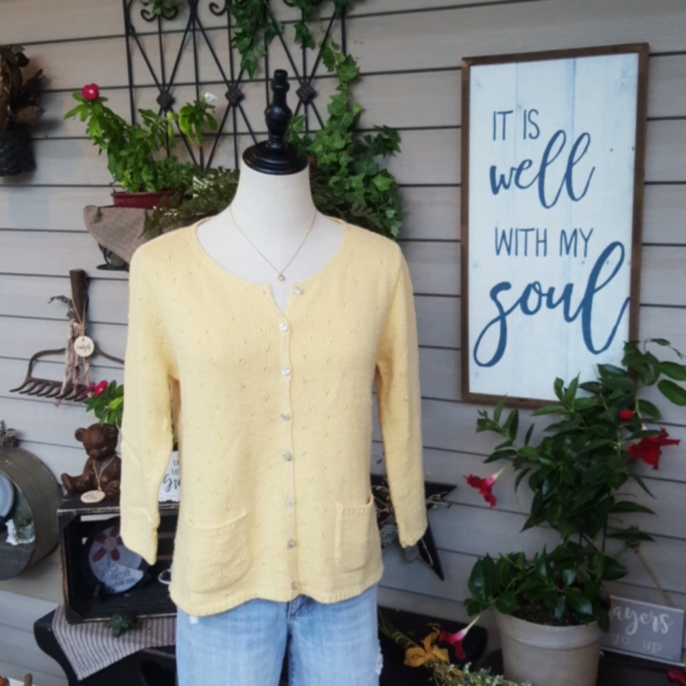 LIZ CLAIBORNE ♡ Vintage Canary Yellow 3/4 Button Down Embroidered Knit Sweater M